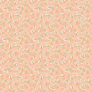Blush pink fabric with scattered cream and sage green leafy sprigs
