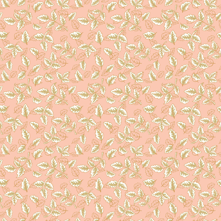 Blush pink fabric with scattered cream and sage green leafy sprigs