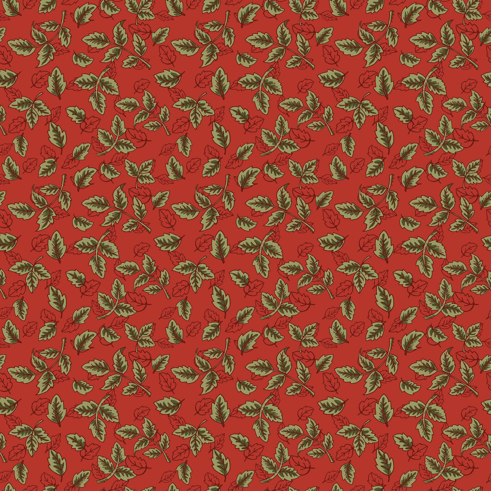 Red fabric with scattered olive green leafy sprigs