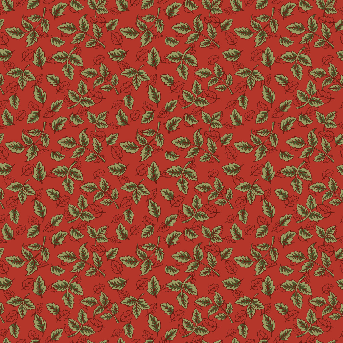Red fabric with scattered olive green leafy sprigs