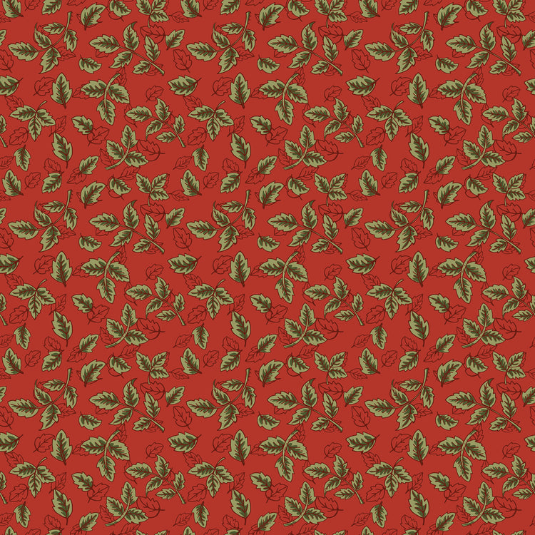 Red fabric with scattered olive green leafy sprigs