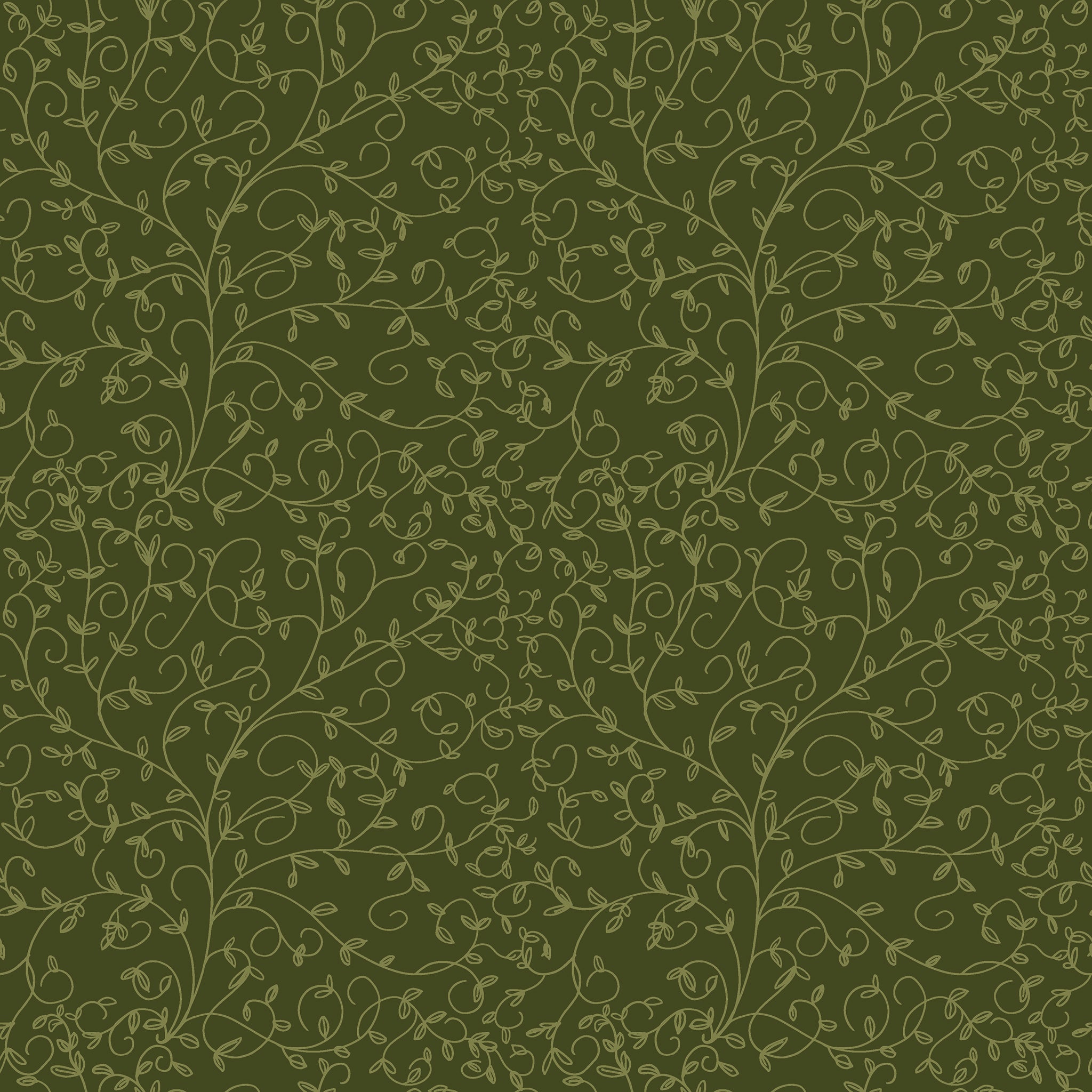 Hunter green fabric with subtle olive curling vines and tiny leaves