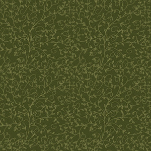 Hunter green fabric with subtle olive curling vines and tiny leaves