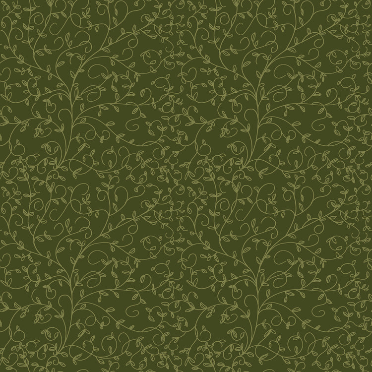 Hunter green fabric with subtle olive curling vines and tiny leaves