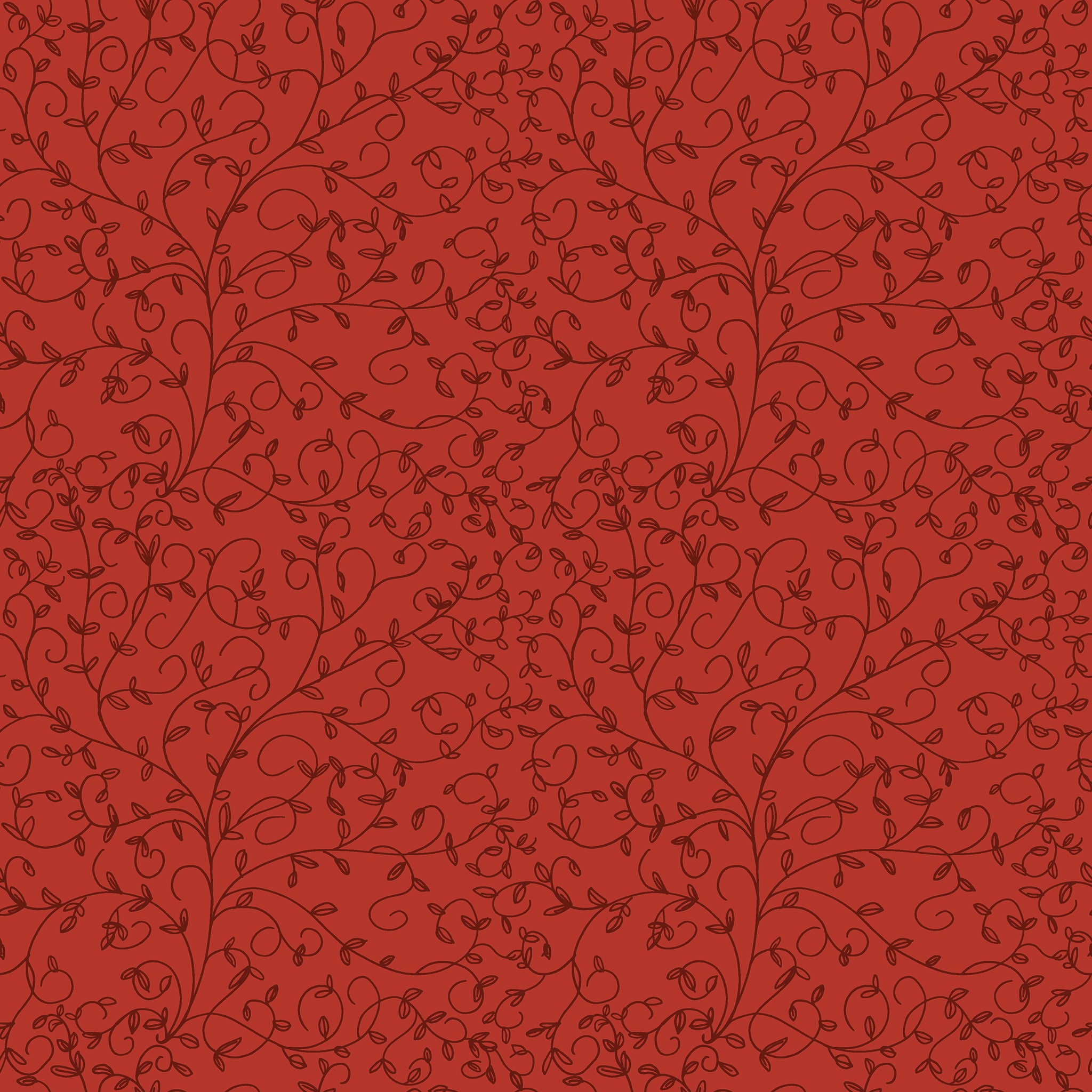 Red fabric with dark tonal curling vines and tiny leaves