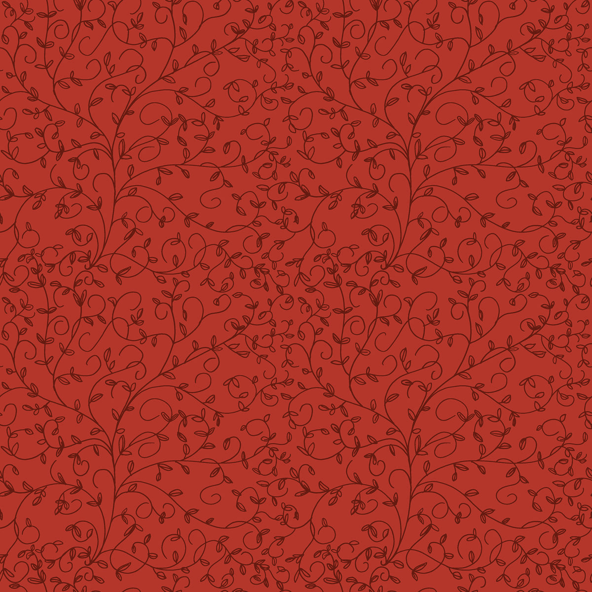 Red fabric with dark tonal curling vines and tiny leaves