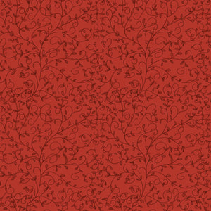 Red fabric with dark tonal curling vines and tiny leaves