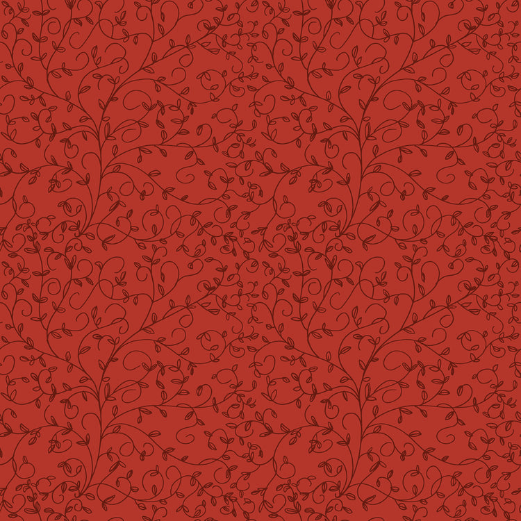 Red fabric with dark tonal curling vines and tiny leaves
