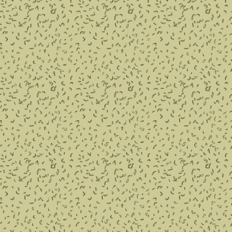 Celery green fabric with scattered tiny dark green leaf motifs