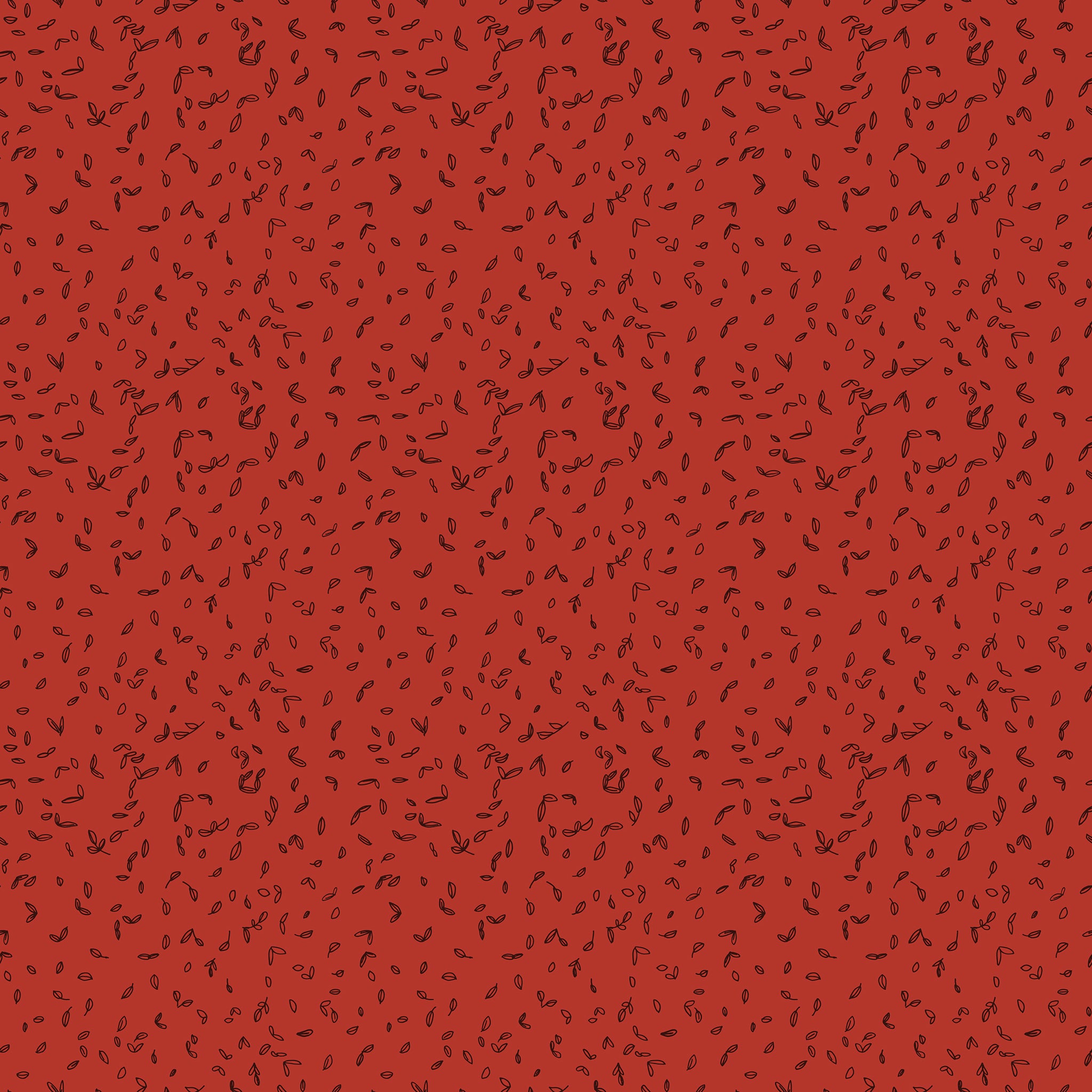 Red fabric with scattered tiny dark leaf motifs.