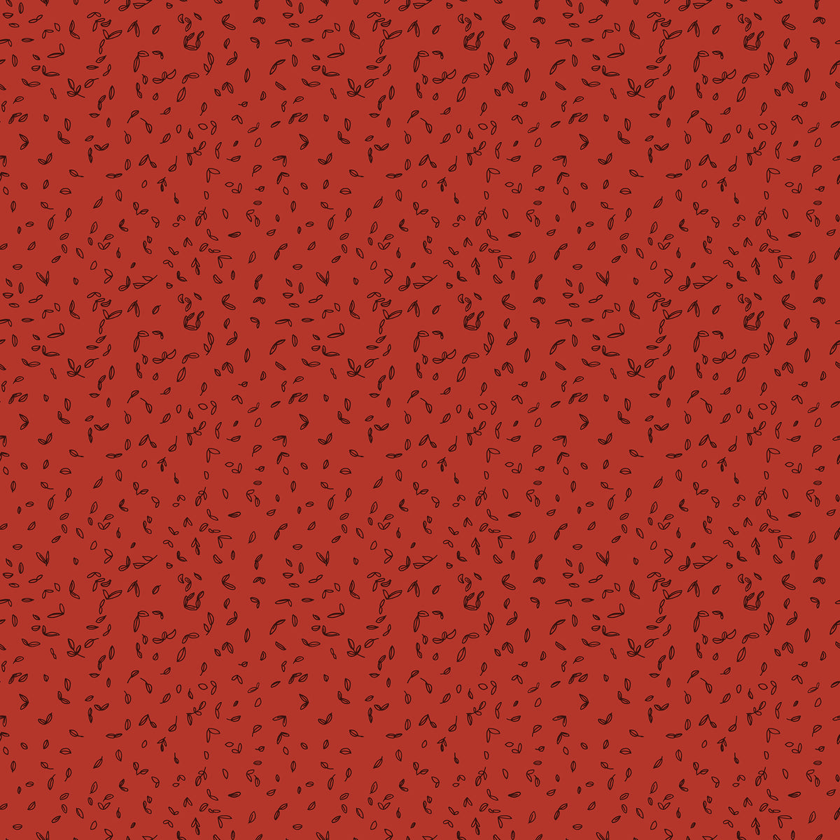 Red fabric with scattered tiny dark leaf motifs.