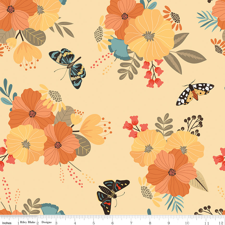 A repeating floral and butterfly pattern on a warm cream background, with large orange and yellow flowers, teal and olive leaves, and black, orange, and blue butterflies. A ruler for scale.