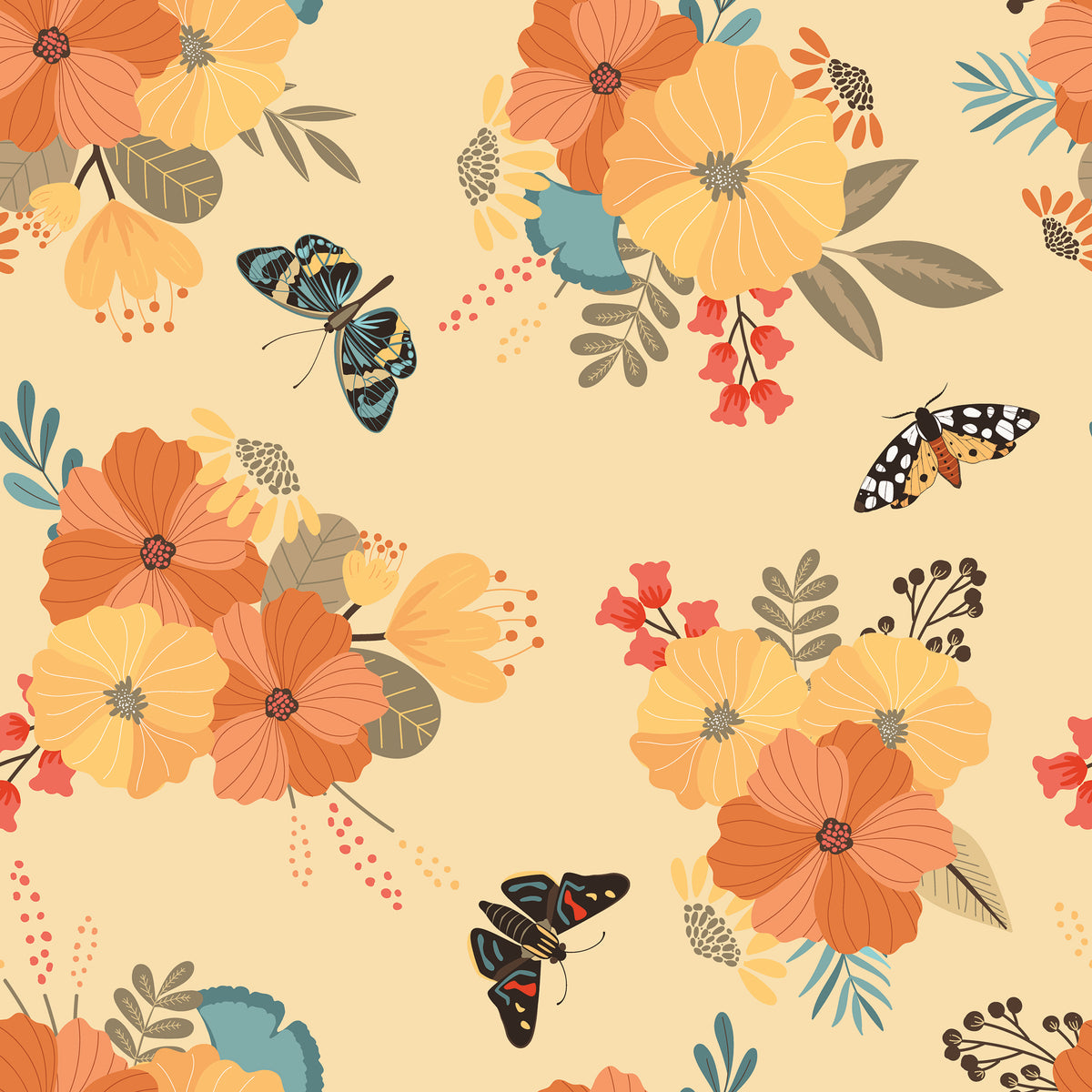 A repeating floral pattern featuring large orange and yellow flowers, teal and olive leaves, small red berry clusters, and several butterflies on a warm cream background.