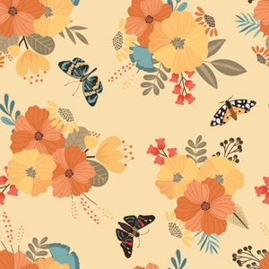 A repeating floral pattern featuring large orange and yellow flowers, teal and olive leaves, small red berry clusters, and several butterflies on a warm cream background.