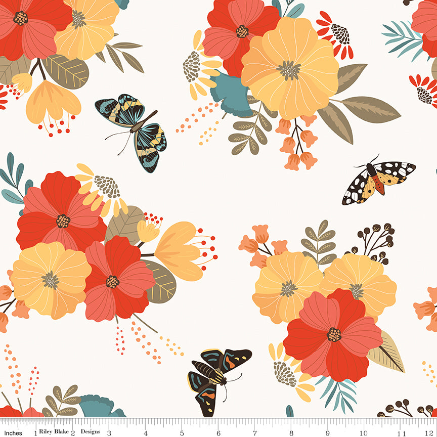 A repeating floral pattern on a warm off-white background, featuring large red, orange, and yellow flowers with teal and olive leaves, plus several black, orange, and blue butterflies. A small ruler edge is visible along the bottom, showing scale.