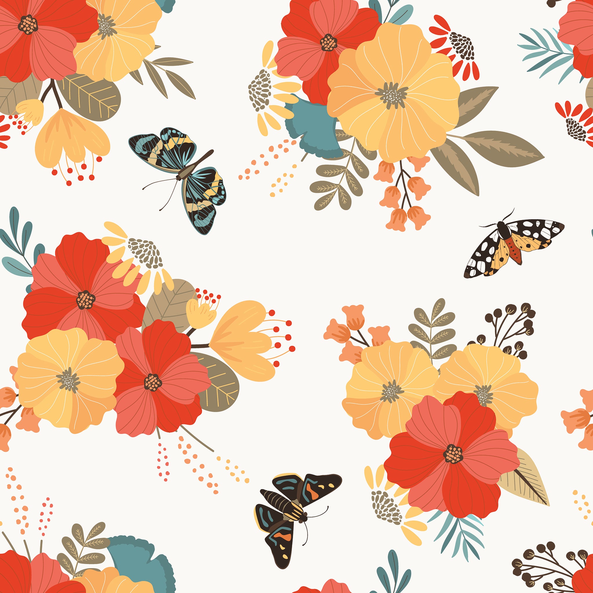 A repeating floral pattern featuring large red, orange, and yellow flowers with teal and olive leaves, plus several illustrated butterflies on a light cream background.