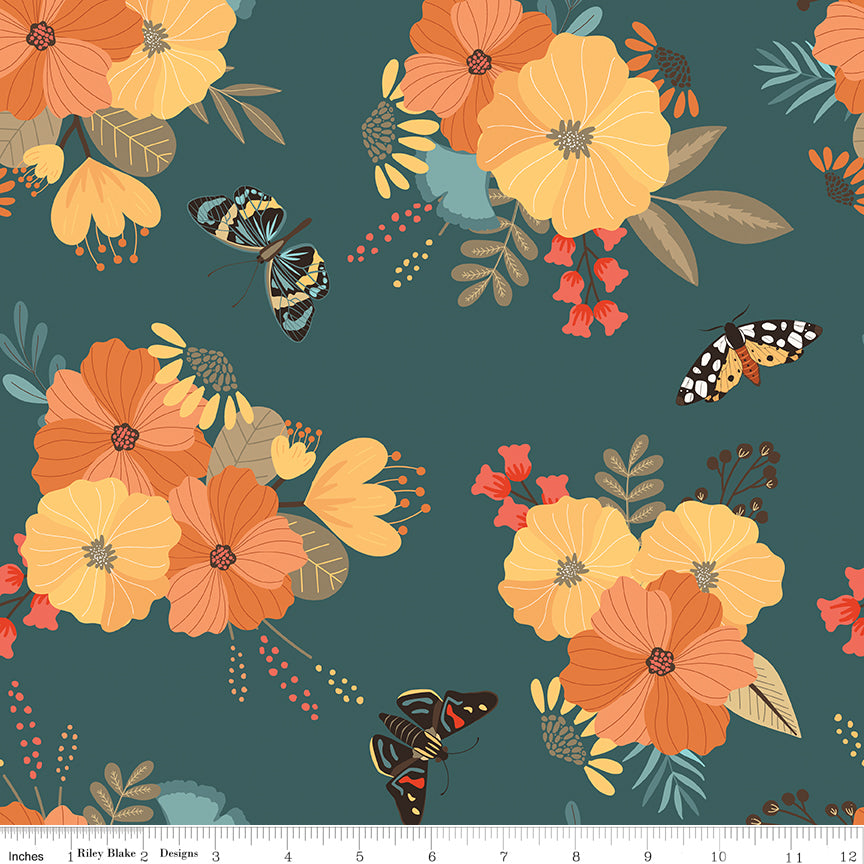 A repeating floral and butterfly pattern on a dark teal background, with large orange and yellow flowers, smaller red blossoms, and several butterflies. A white ruler along the bottom edge shows scale and includes the text 'Riley Blake Designs', indicating the brand.