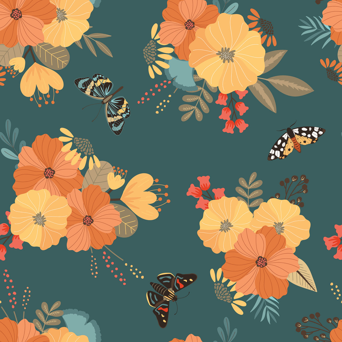 A repeating floral pattern featuring large orange and yellow flowers, smaller red blossoms, green and beige leaves, and three butterflies on a dark teal background.