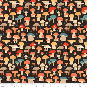 A repeating pattern of whimsical mushrooms in red, orange, beige, and teal on a dark brown background, with a small ruler along the bottom edge showing scale.