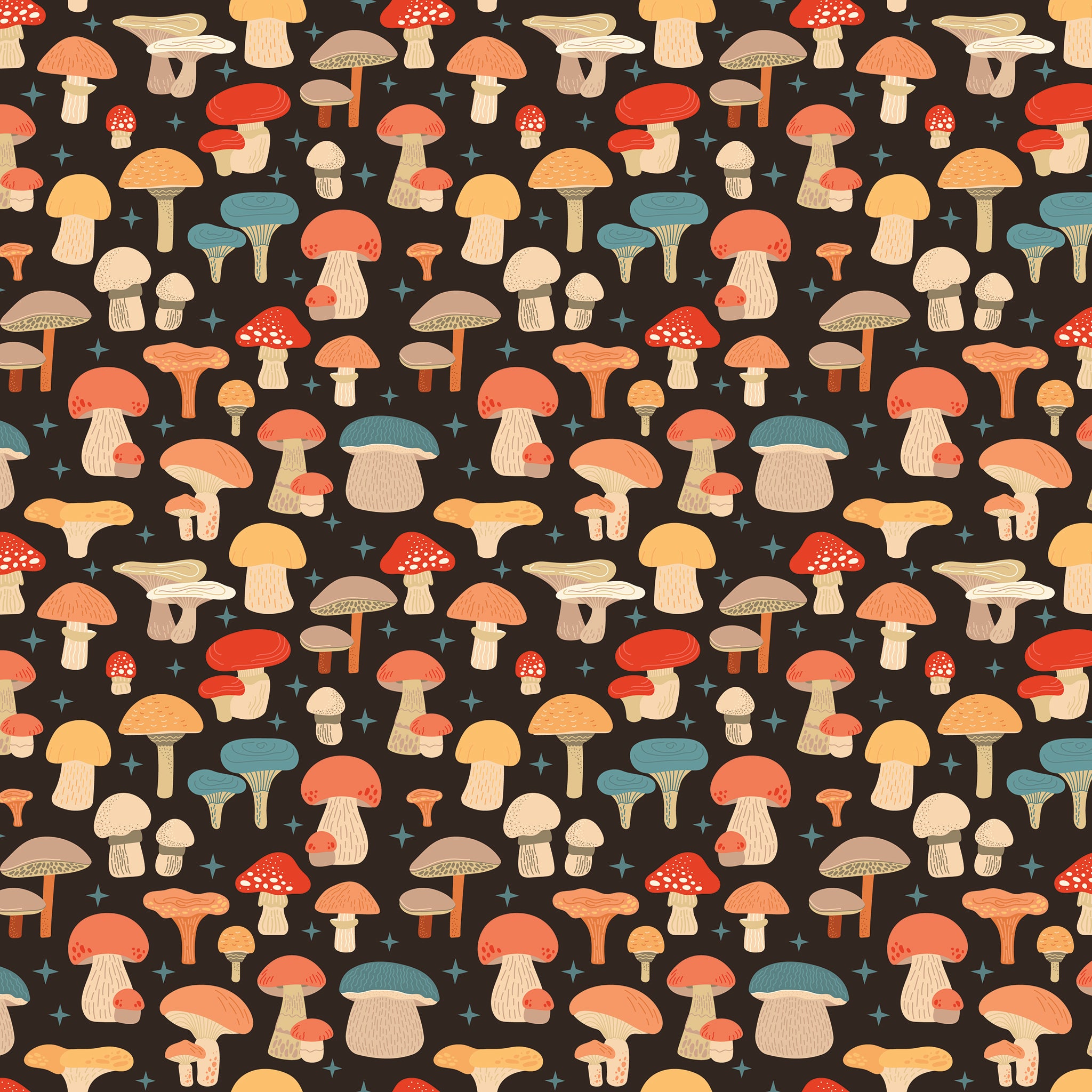 A repeating pattern of whimsical illustrated mushrooms in red, orange, beige, and muted blue on a dark brown background, with small blue star-like accents throughout.