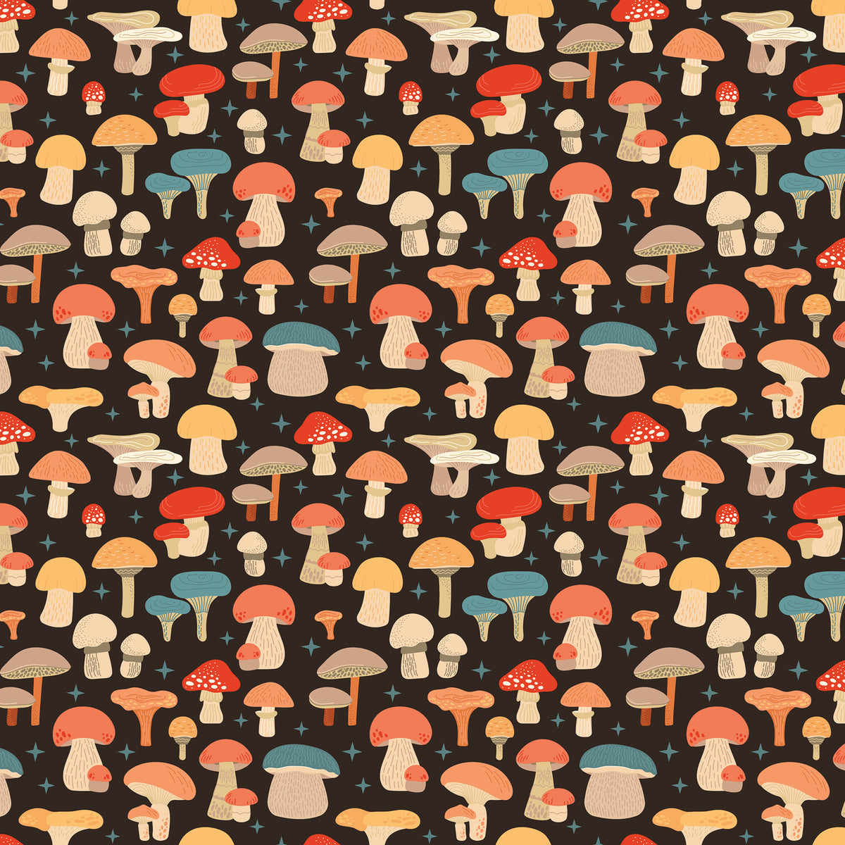 A repeating pattern of whimsical illustrated mushrooms in red, orange, beige, and muted blue on a dark brown background, with small blue star-like accents throughout.