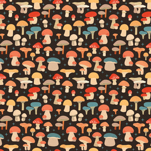 A repeating pattern of whimsical illustrated mushrooms in red, orange, beige, and muted blue on a dark brown background, with small blue star-like accents throughout.