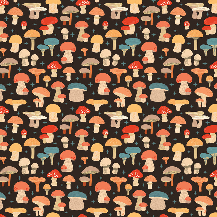 A repeating pattern of whimsical illustrated mushrooms in red, orange, beige, and muted blue on a dark brown background, with small blue star-like accents throughout.