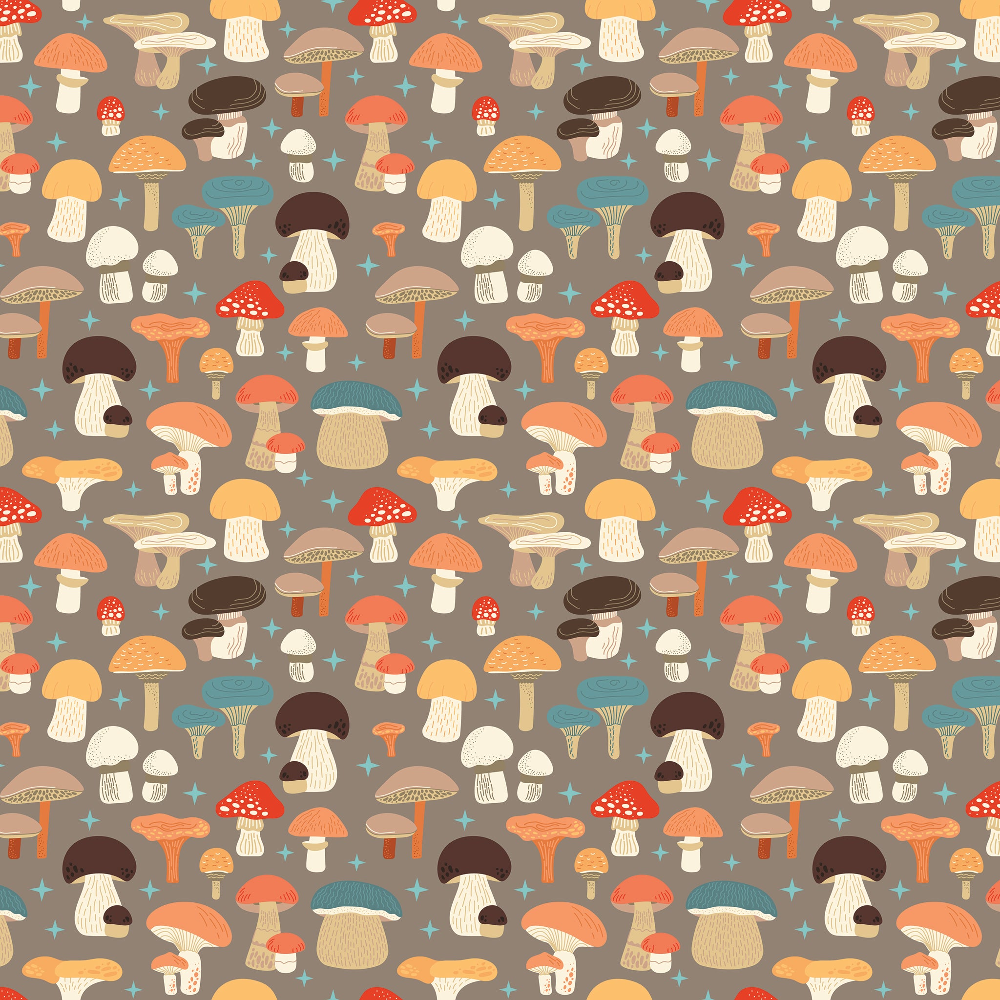 A repeating pattern of illustrated mushrooms in many colors on a warm taupe-gray background, including red, orange, blue, brown, cream, and white mushrooms with small light blue star accents.