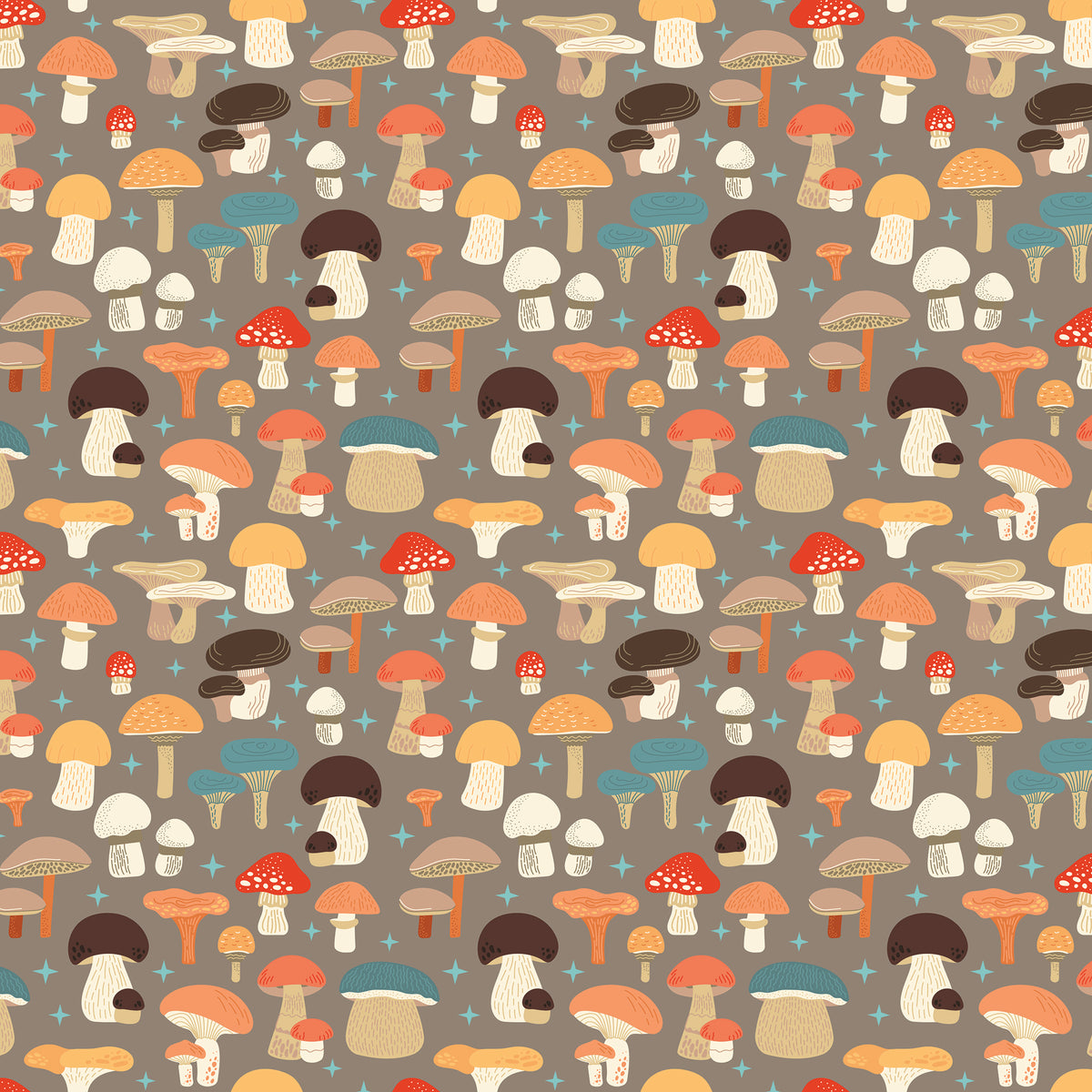 A repeating pattern of illustrated mushrooms in many colors on a warm taupe-gray background, including red, orange, blue, brown, cream, and white mushrooms with small light blue star accents.