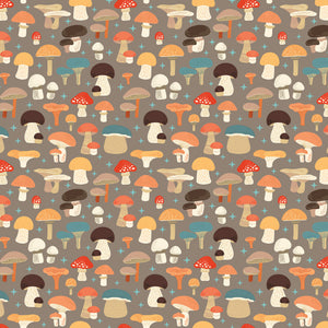A repeating pattern of illustrated mushrooms in many colors on a warm taupe-gray background, including red, orange, blue, brown, cream, and white mushrooms with small light blue star accents.
