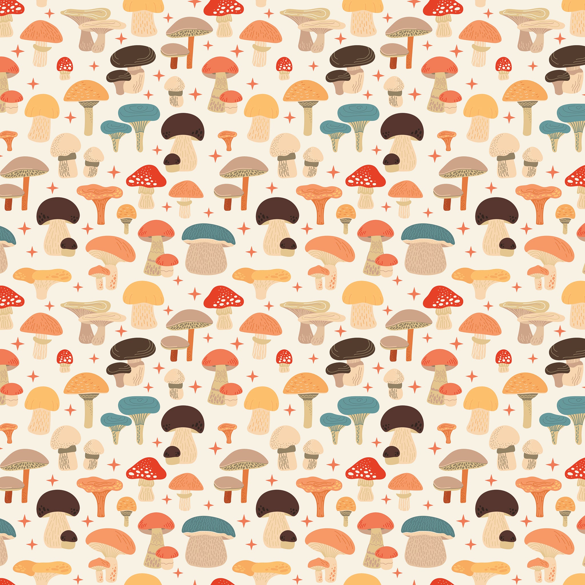 A repeating seamless pattern of whimsical, hand-drawn mushrooms in various colors including orange, red, blue, brown, and beige on a cream background with small red star accents.