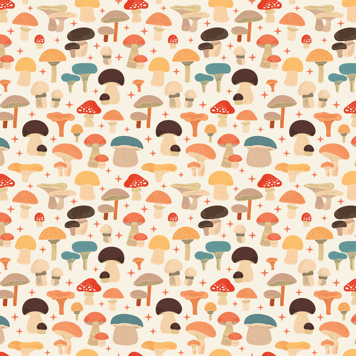 A repeating seamless pattern of whimsical, hand-drawn mushrooms in various colors including orange, red, blue, brown, and beige on a cream background with small red star accents.