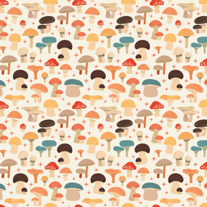 A repeating seamless pattern of whimsical, hand-drawn mushrooms in various colors including orange, red, blue, brown, and beige on a cream background with small red star accents.