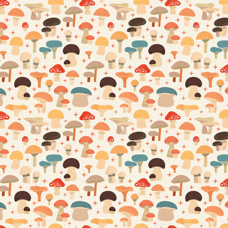 A repeating seamless pattern of whimsical, hand-drawn mushrooms in various colors including orange, red, blue, brown, and beige on a cream background with small red star accents.