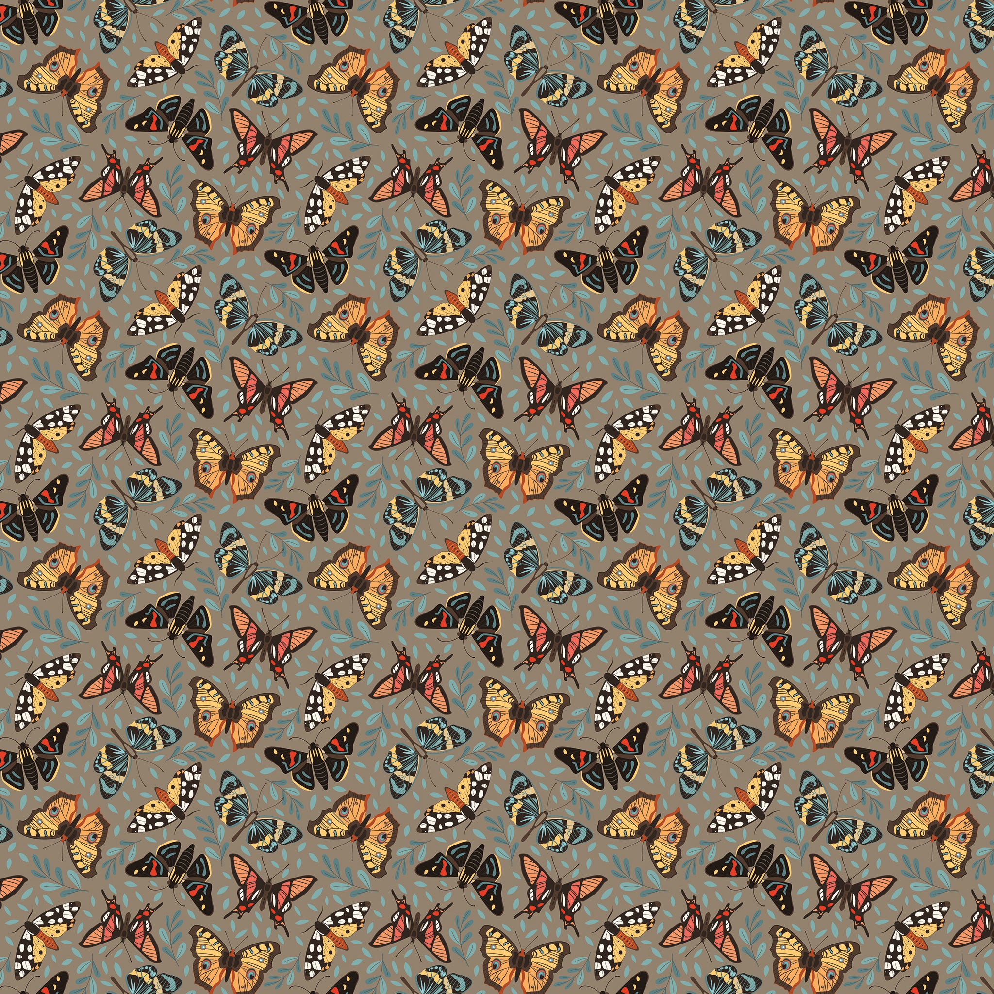 A repeating pattern of colorful butterflies in orange, yellow, black, and blue on a muted blue-gray background with subtle leafy motifs.
