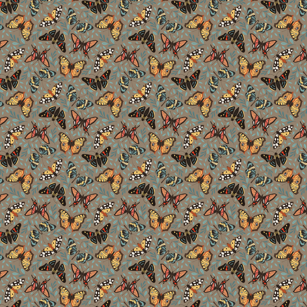 A repeating pattern of colorful butterflies in orange, yellow, black, and blue on a muted blue-gray background with subtle leafy motifs.