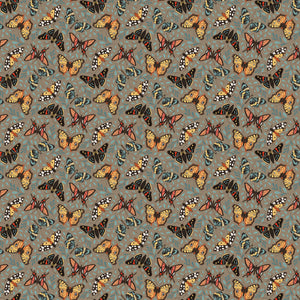 A repeating pattern of colorful butterflies in orange, yellow, black, and blue on a muted blue-gray background with subtle leafy motifs.