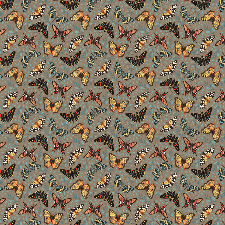 A repeating pattern of colorful butterflies in orange, yellow, black, and blue on a muted blue-gray background with subtle leafy motifs.