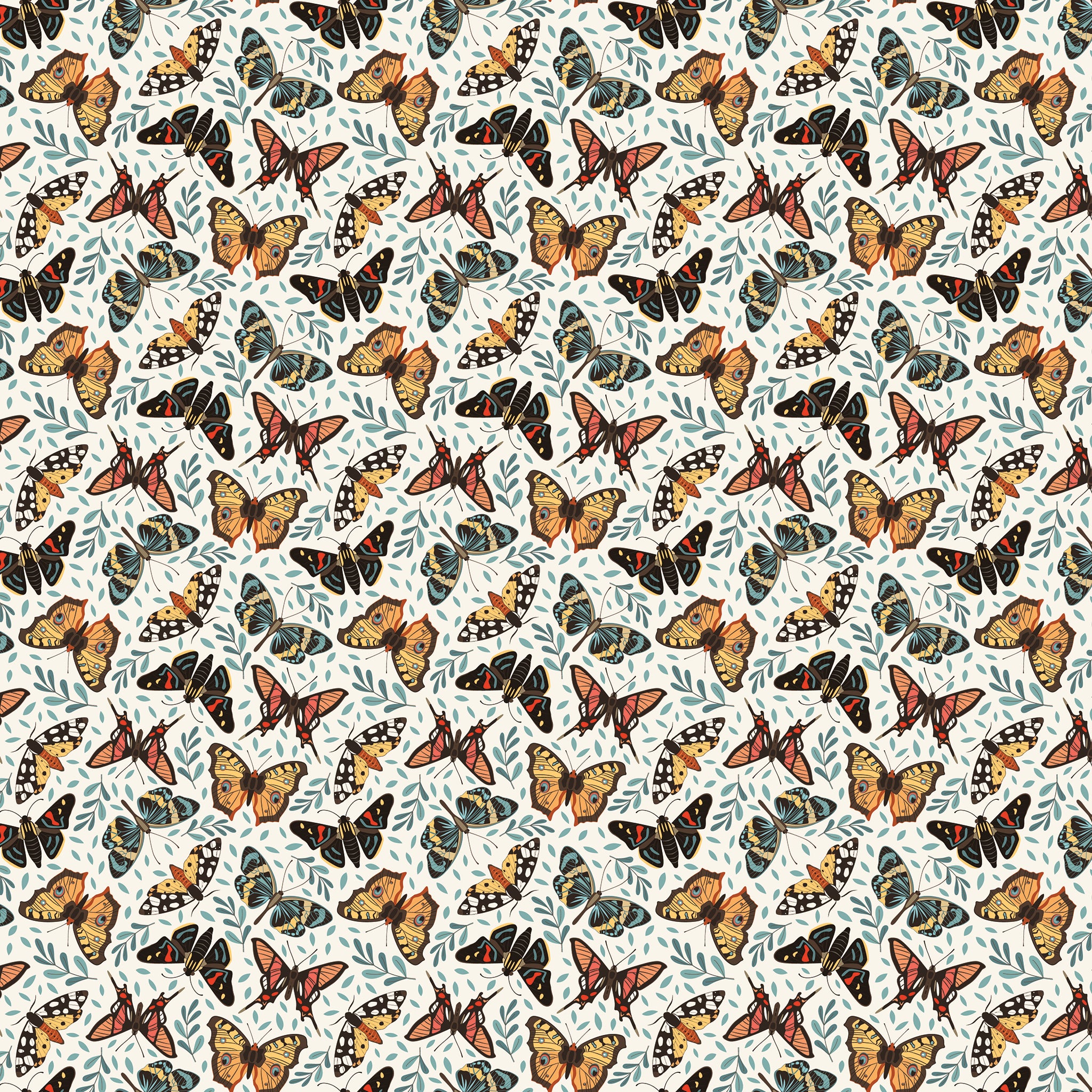 A seamless repeating pattern featuring hand-drawn style butterflies in orange, black, and blue, interspersed with delicate blue leaves on a white background.
