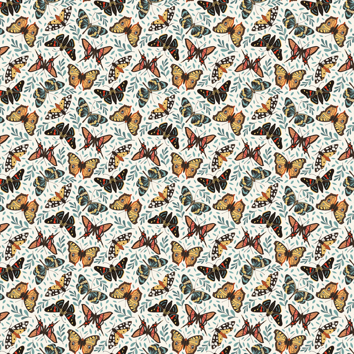 A seamless repeating pattern featuring hand-drawn style butterflies in orange, black, and blue, interspersed with delicate blue leaves on a white background.
