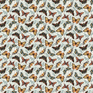 A seamless repeating pattern featuring hand-drawn style butterflies in orange, black, and blue, interspersed with delicate blue leaves on a white background.