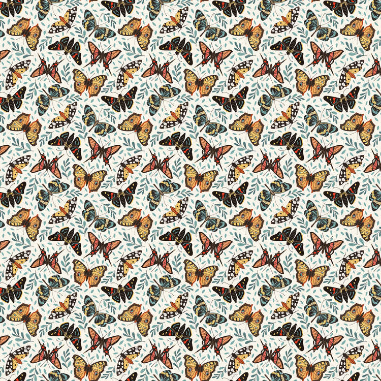 A seamless repeating pattern featuring hand-drawn style butterflies in orange, black, and blue, interspersed with delicate blue leaves on a white background.