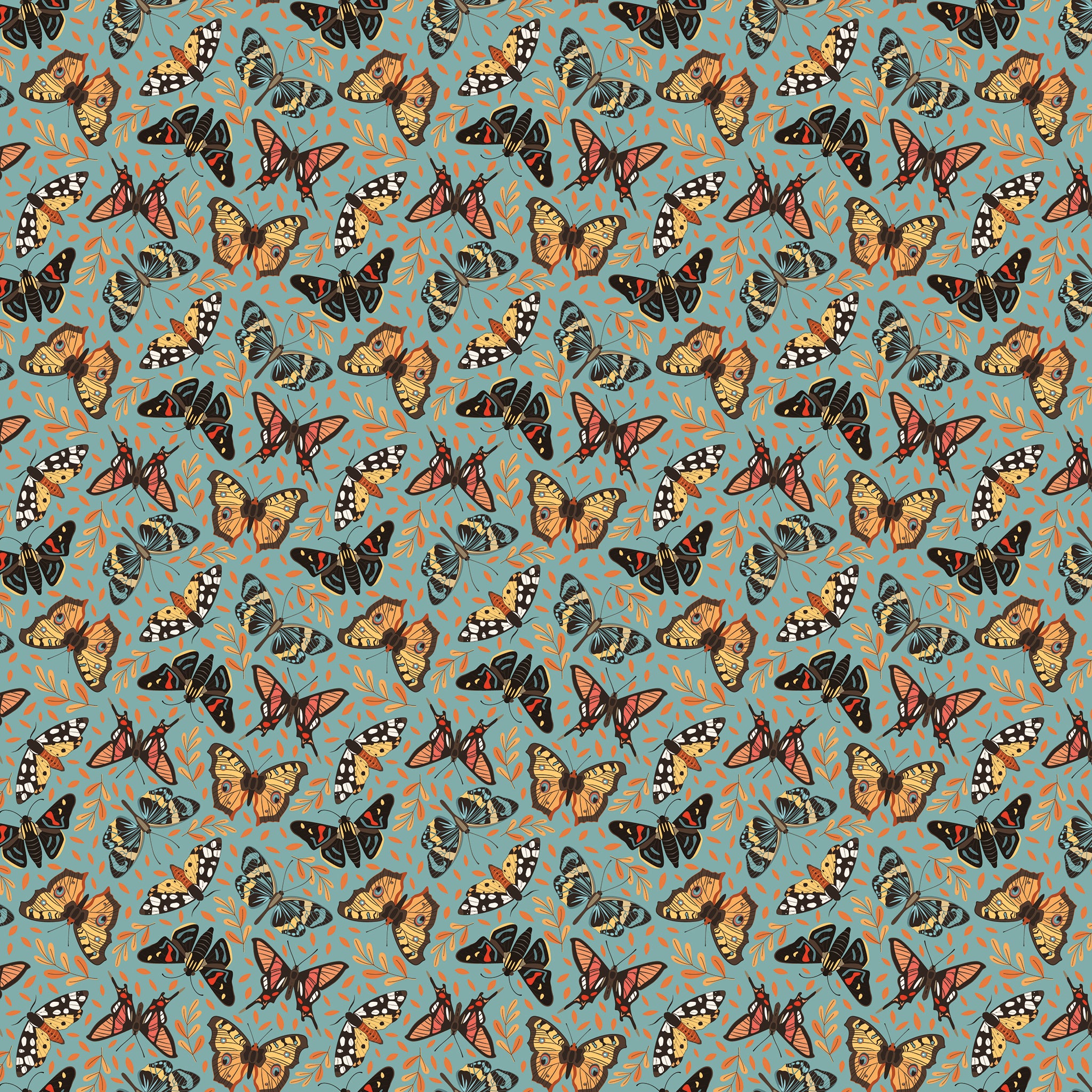 A repeating pattern of illustrated butterflies in orange, black, white, and gray on a muted blue-green background with small abstract leaf-like marks.