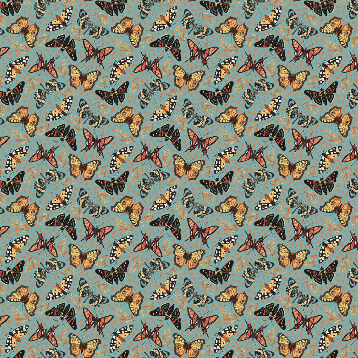 A repeating pattern of illustrated butterflies in orange, black, white, and gray on a muted blue-green background with small abstract leaf-like marks.
