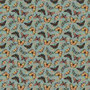 A repeating pattern of illustrated butterflies in orange, black, white, and gray on a muted blue-green background with small abstract leaf-like marks.