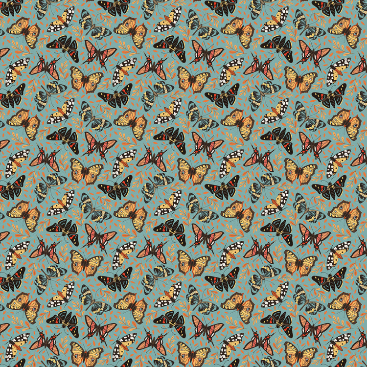 A repeating pattern of illustrated butterflies in orange, black, white, and gray on a muted blue-green background with small abstract leaf-like marks.
