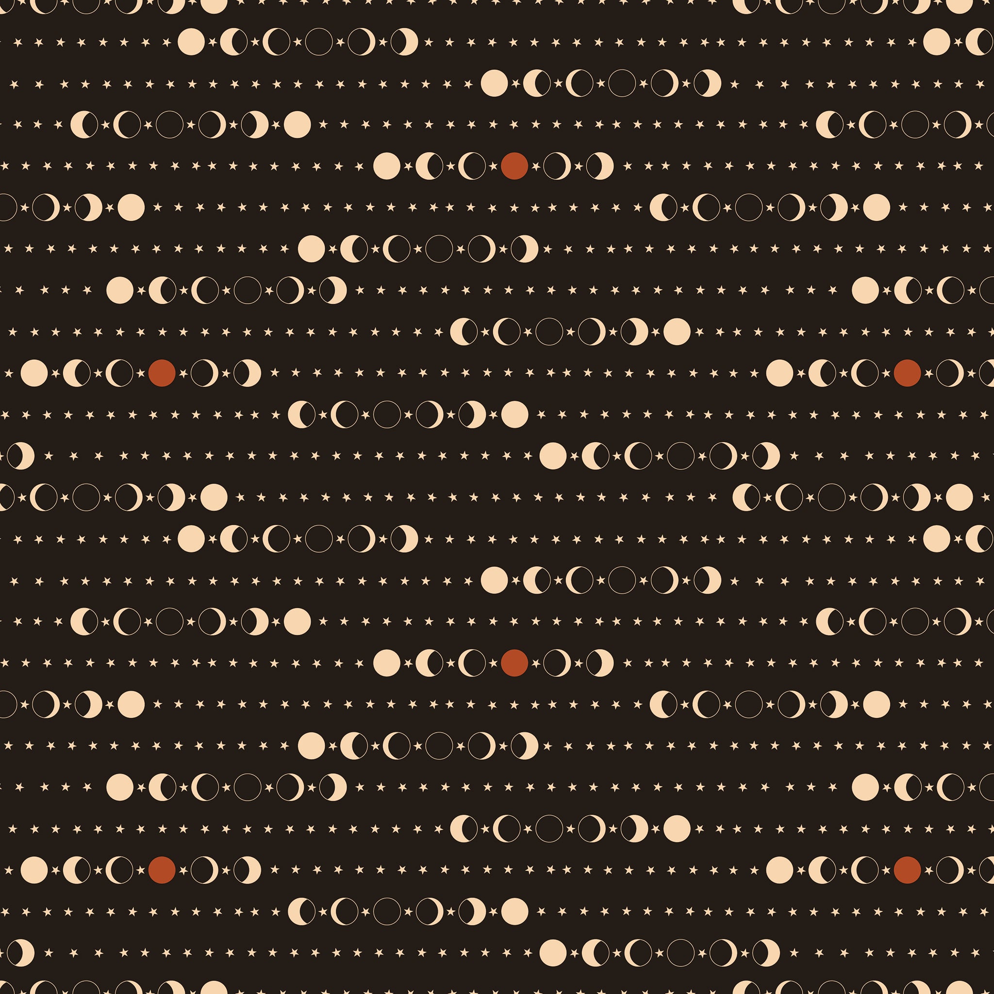 A repeating celestial pattern featuring moon phases, stars, and a few small reddish-brown dots on a dark brown background.