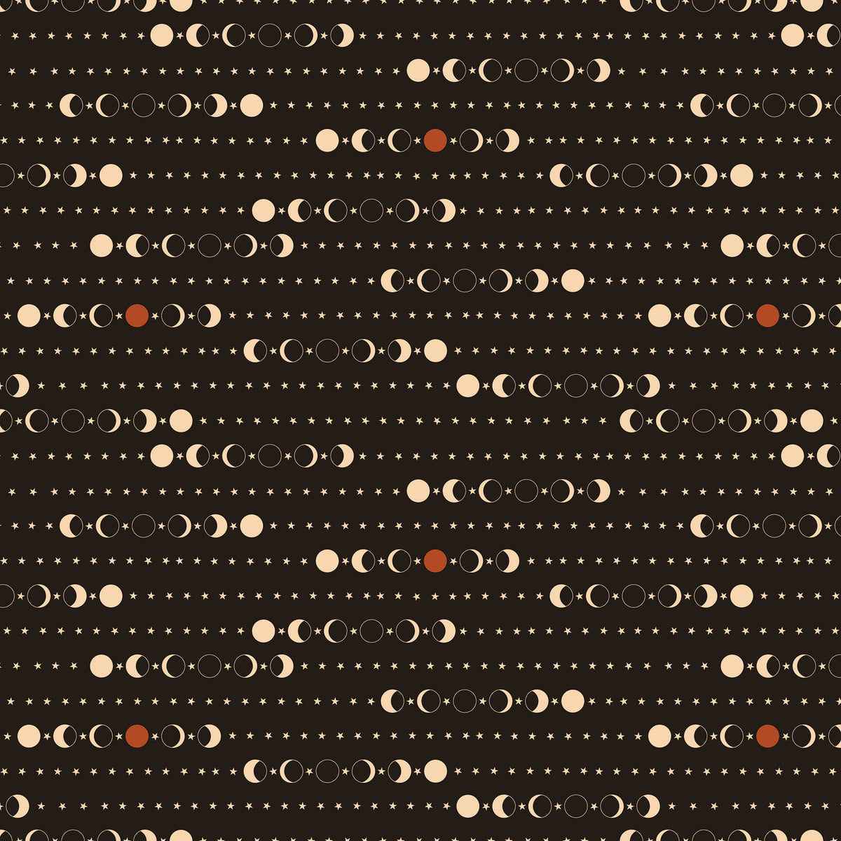 A repeating celestial pattern featuring moon phases, stars, and a few small reddish-brown dots on a dark brown background.