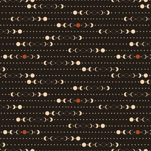 A repeating celestial pattern featuring moon phases, stars, and a few small reddish-brown dots on a dark brown background.