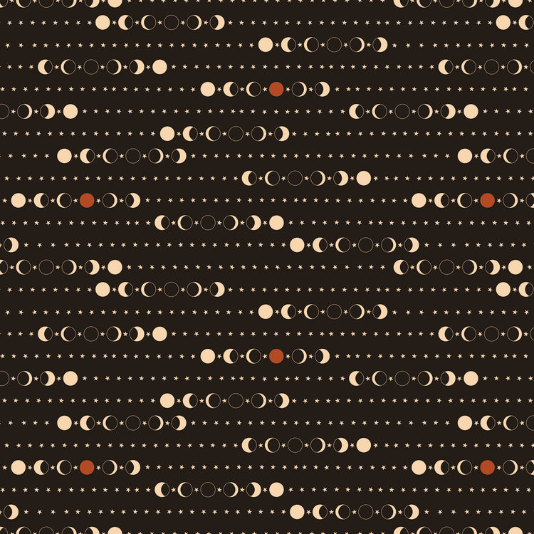 A repeating celestial pattern featuring moon phases, stars, and a few small reddish-brown dots on a dark brown background.